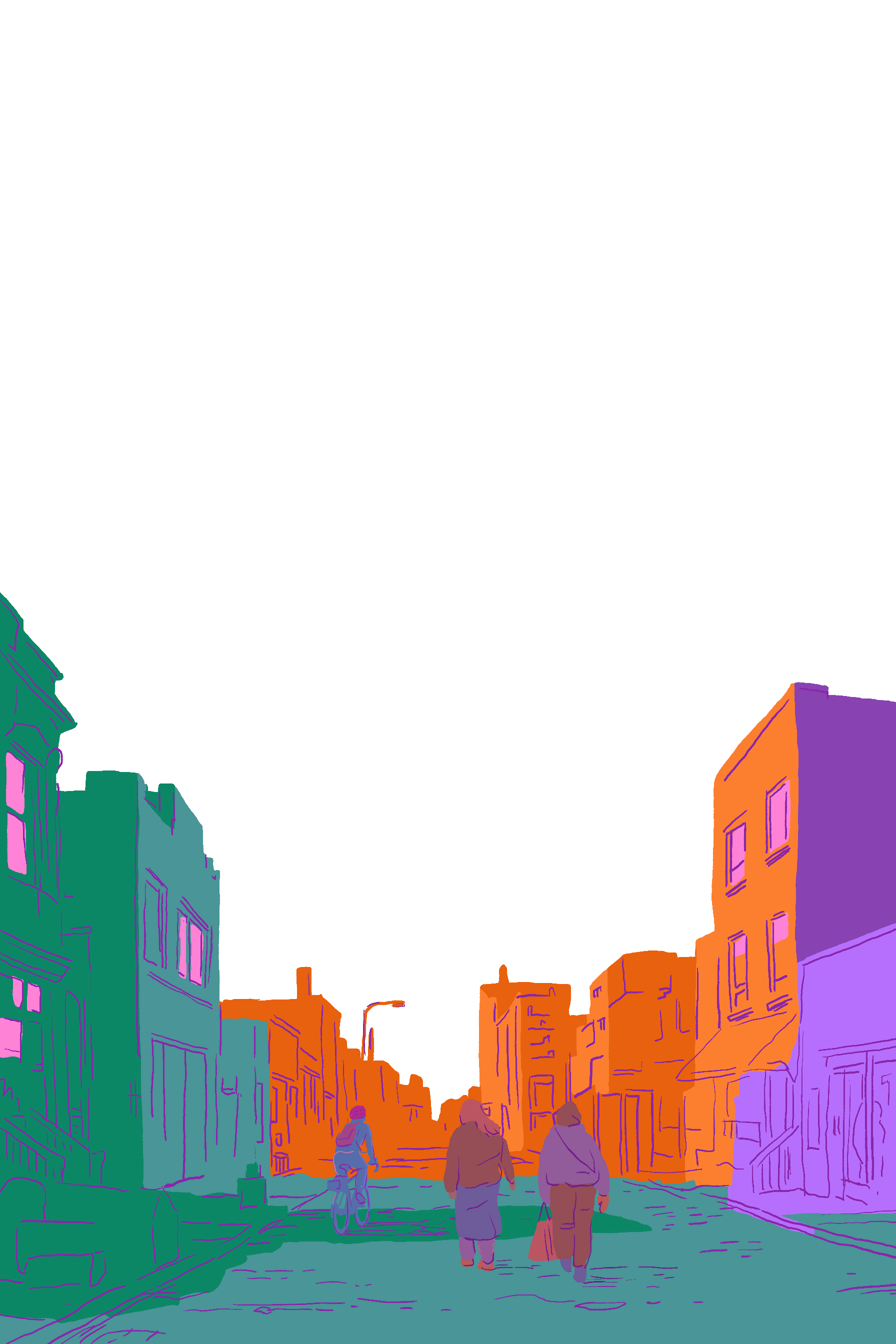 Illustration of an Evanston street with colorful buildings